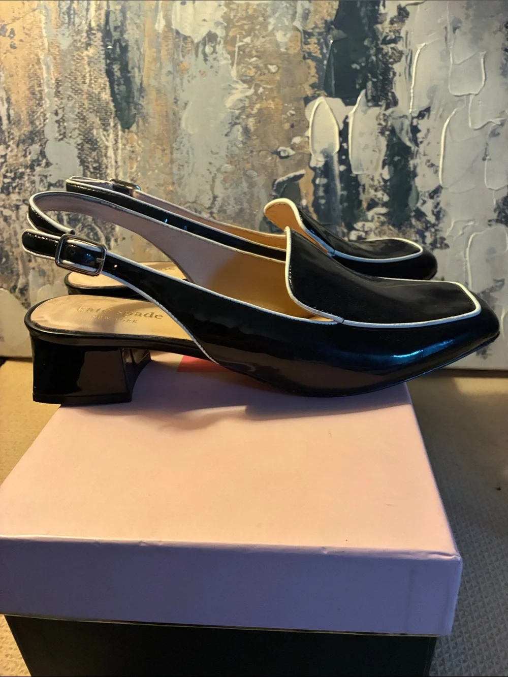 EUC !Kate Spade  Black Patent Leather Slingback Sabina Loafers w/ Gold Size 7M